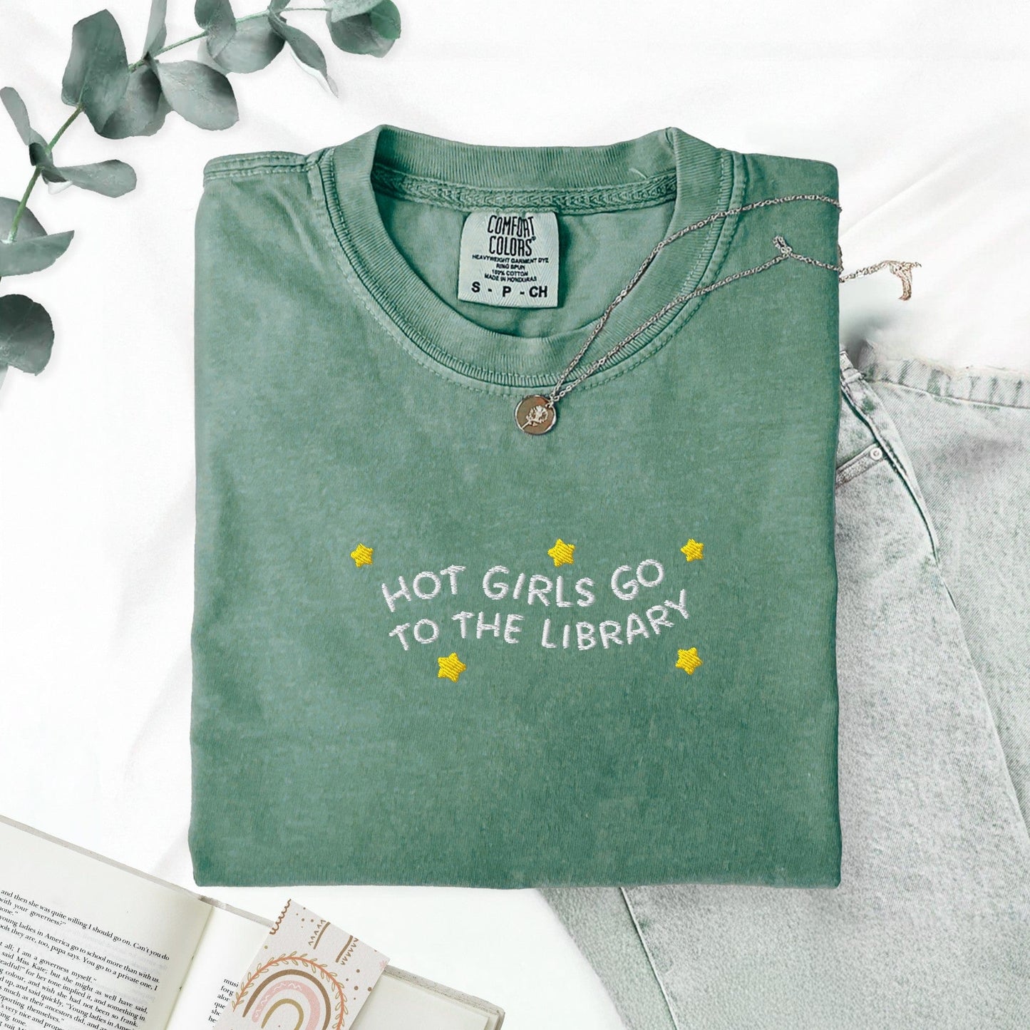 Pine Spice Books Hot Girls Go to the Library Embroidered T-Shirt Hot Girls Go to the Library Embroidered T-Shirt