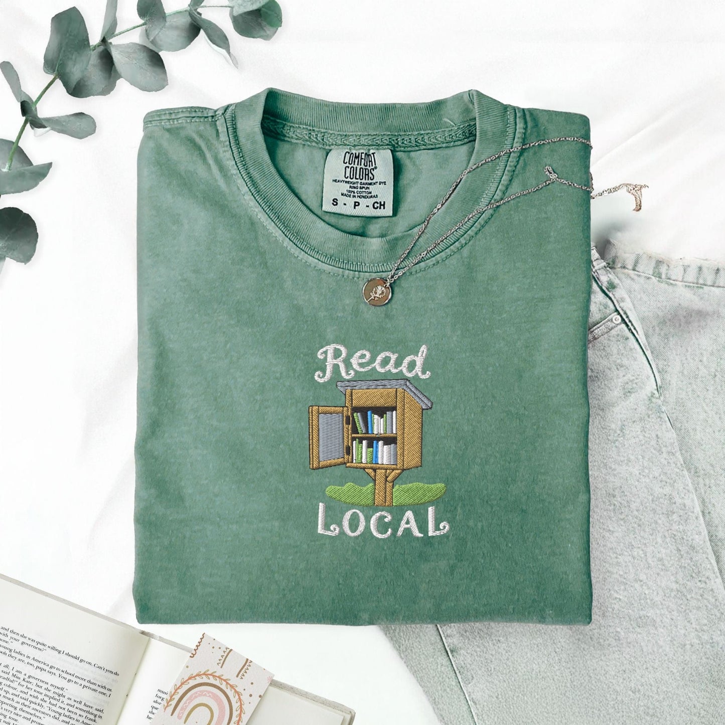 Pine Spice Books Read Local Embroidered T-Shirt Read Local Embroidered T-Shirt