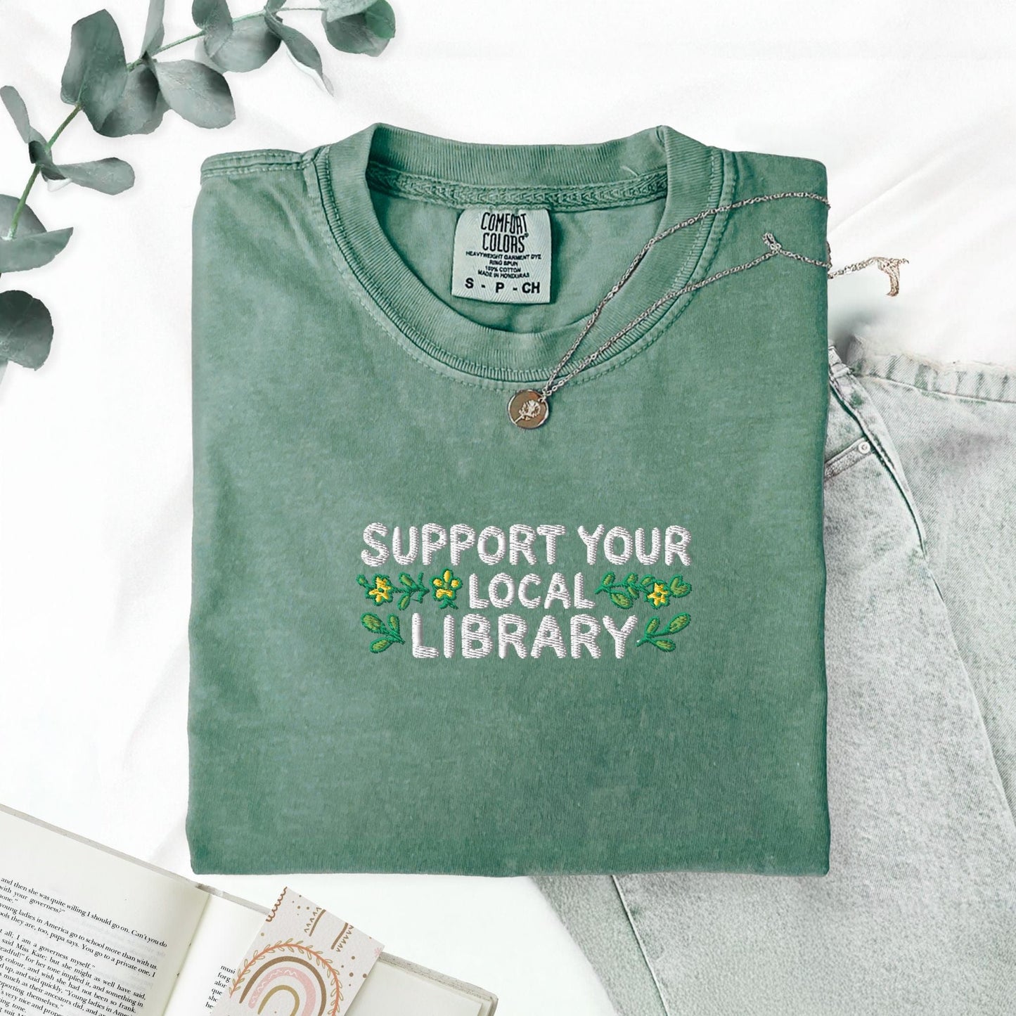 Pine Spice Books Support Your Local Library Embroidered T-Shirt Support Your Local Library Embroidered T-Shirt
