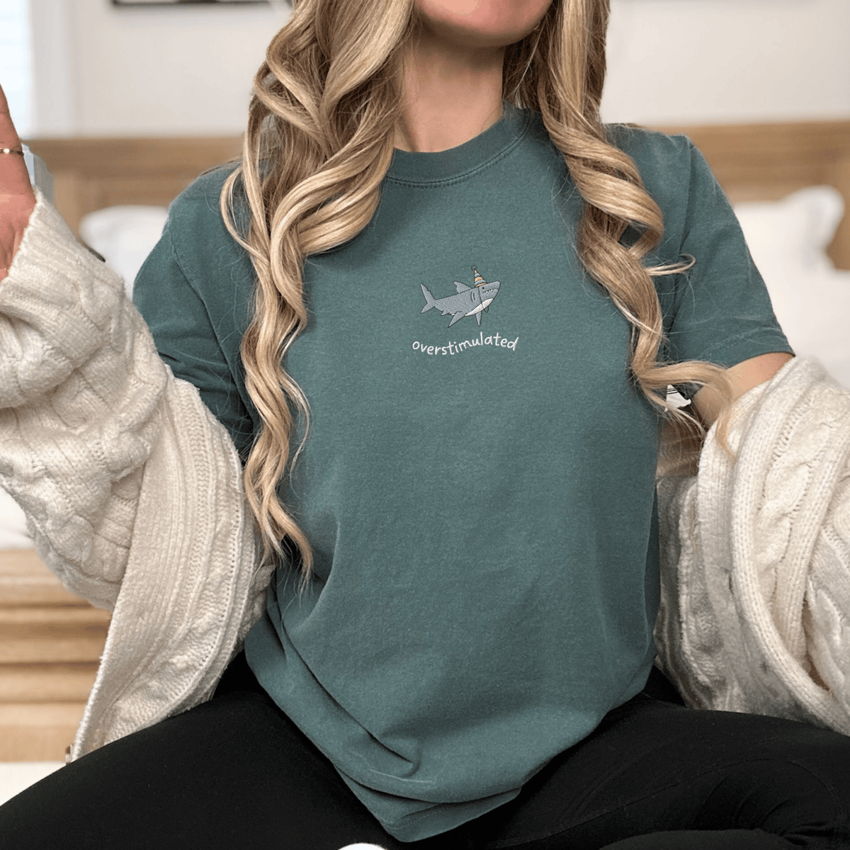 Pine Spice Books Overstimulated Shark Embroidered T-Shirt Overstimulated Shark Embroidered T-Shirt