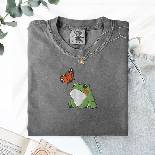 Pine Spice Books Frog and Butterfly Embroidered T-Shirt Frog and Butterfly Embroidered T-Shirt