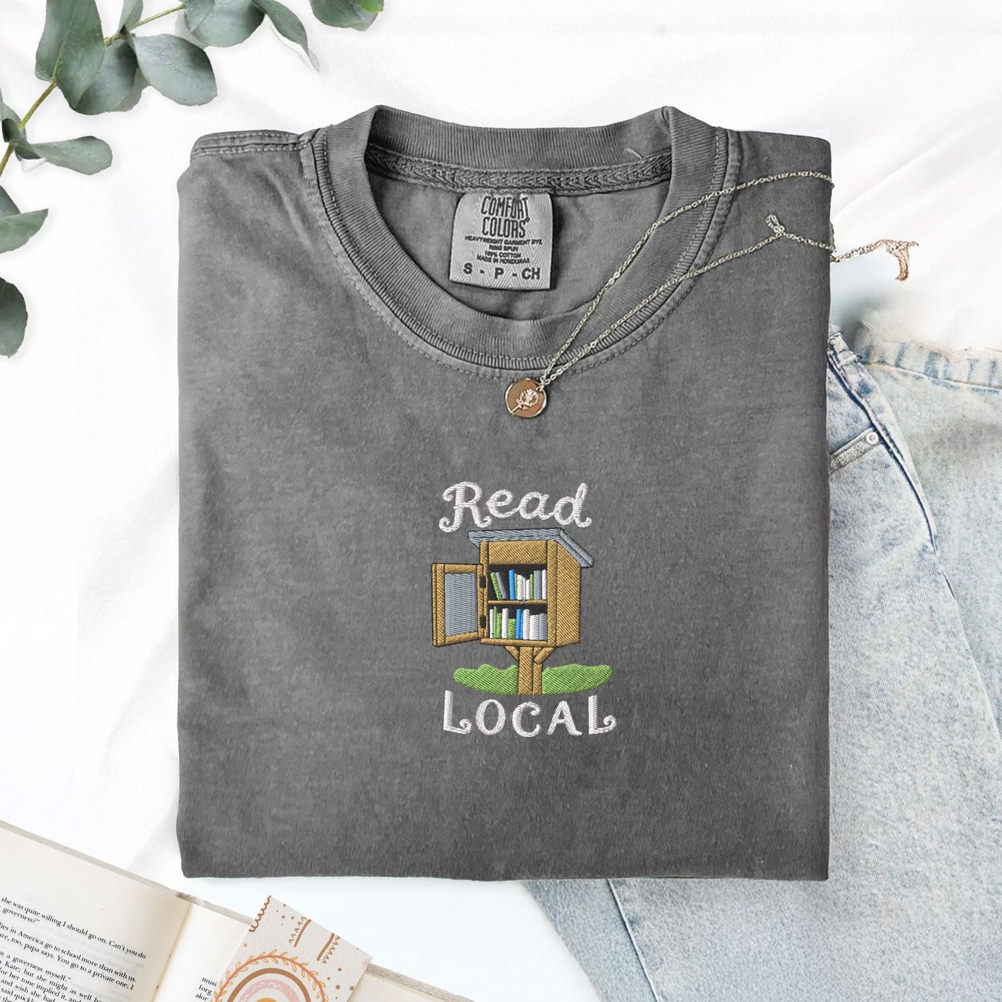 Pine Spice Books Read Local Embroidered T-Shirt Read Local Embroidered T-Shirt