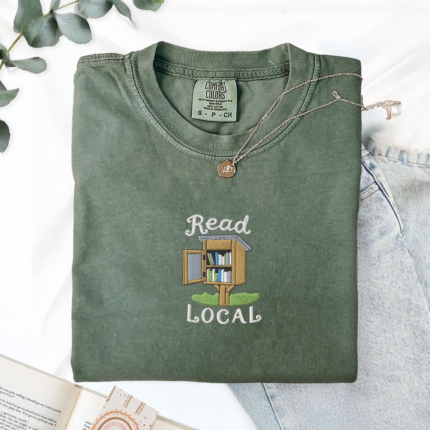 Pine Spice Books Read Local Embroidered T-Shirt Read Local Embroidered T-Shirt