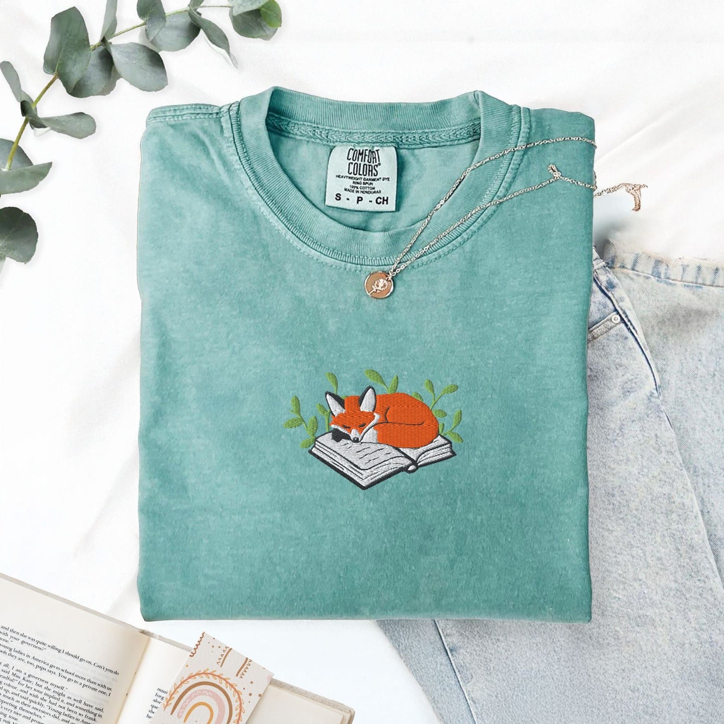 Pine Spice Books Fox Sleeping on a Book Embroidered T-Shirt Fox Sleeping on a Book Embroidered T-Shirt