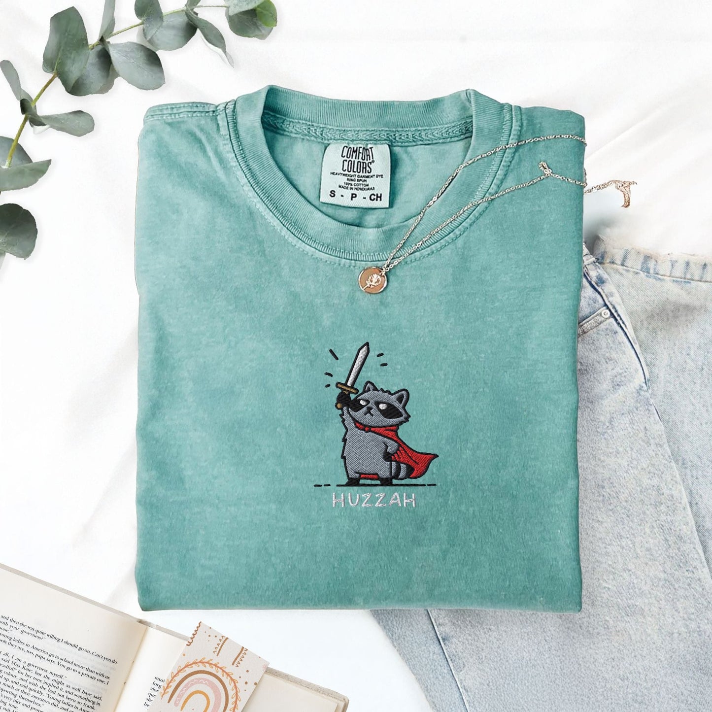 Pine Spice Books Huzzah Raccoon Embroidered T-Shirt Huzzah Raccoon Embroidered T-Shirt