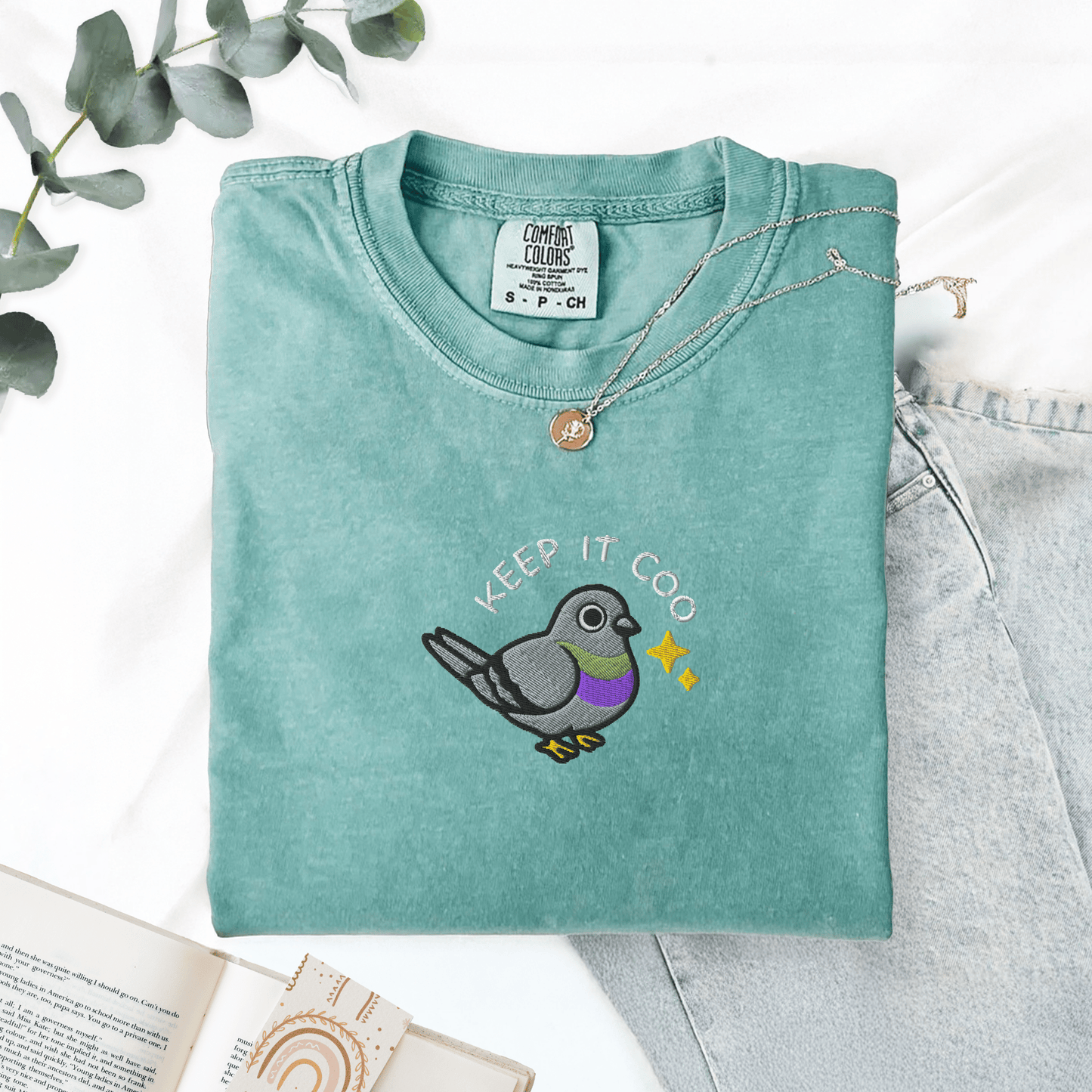 Pine Spice Books Keep It Coo Embroidered Pigeon T-Shirt Keep It Coo Embroidered Pigeon T-Shirt