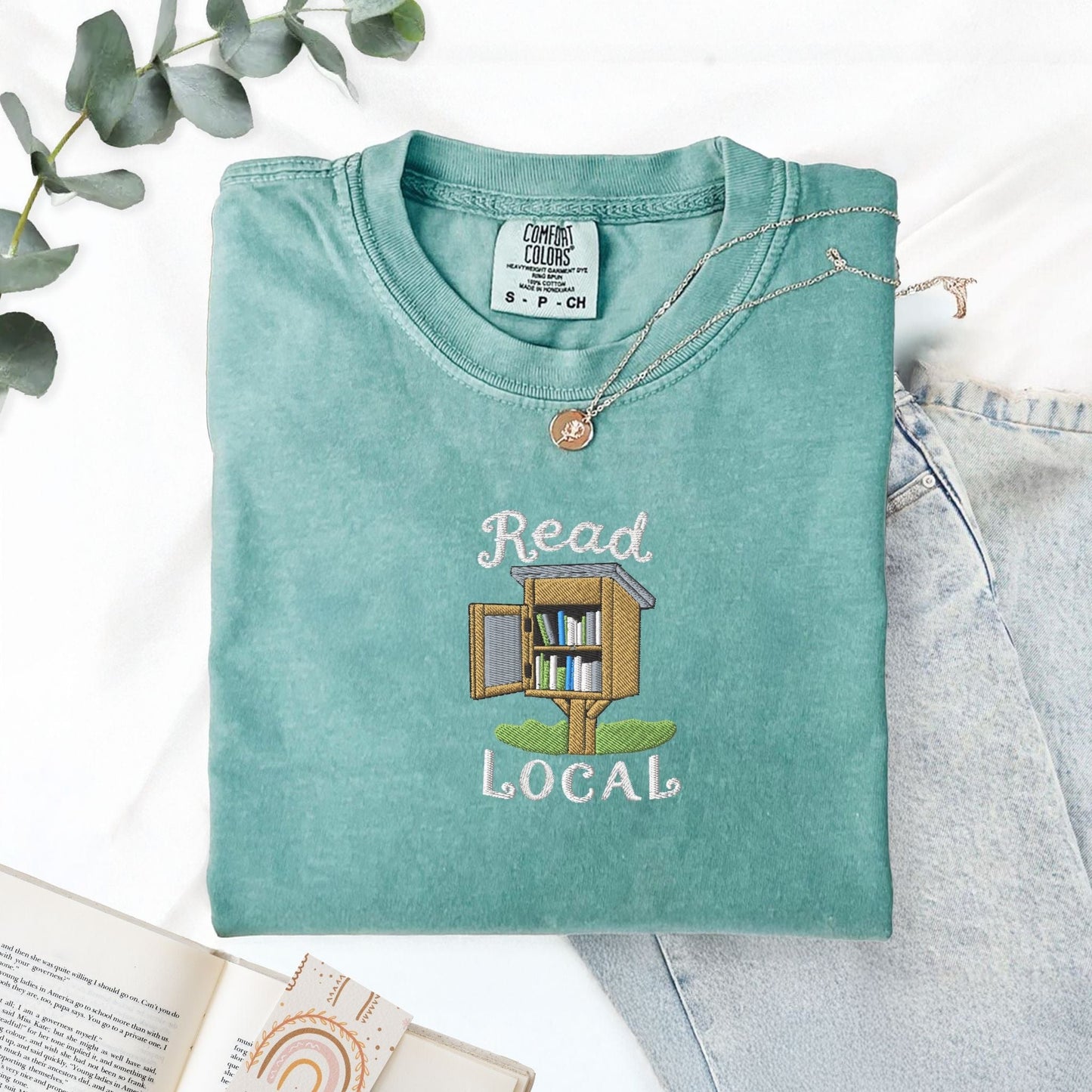 Pine Spice Books Read Local Embroidered T-Shirt Read Local Embroidered T-Shirt
