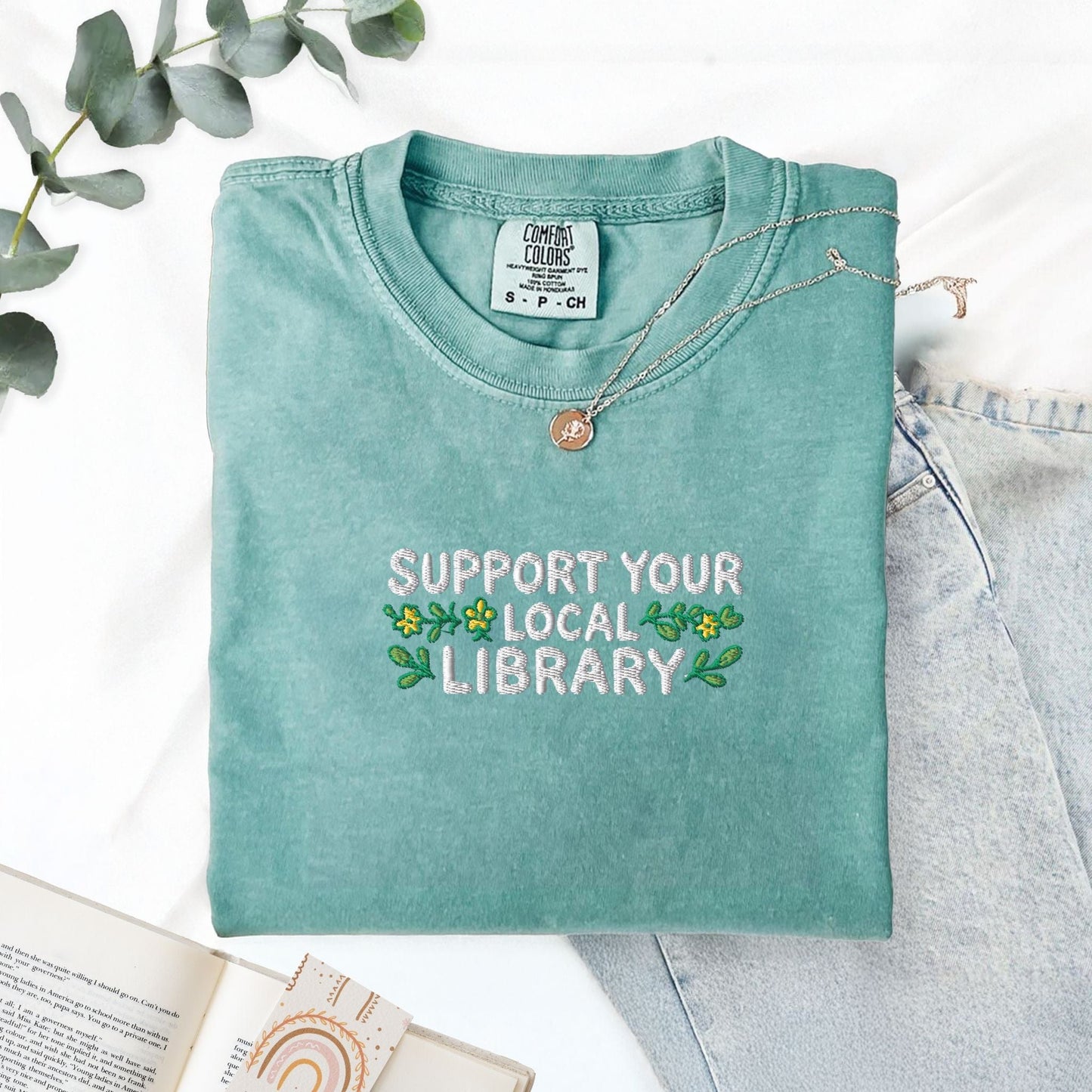 Pine Spice Books Support Your Local Library Embroidered T-Shirt Support Your Local Library Embroidered T-Shirt
