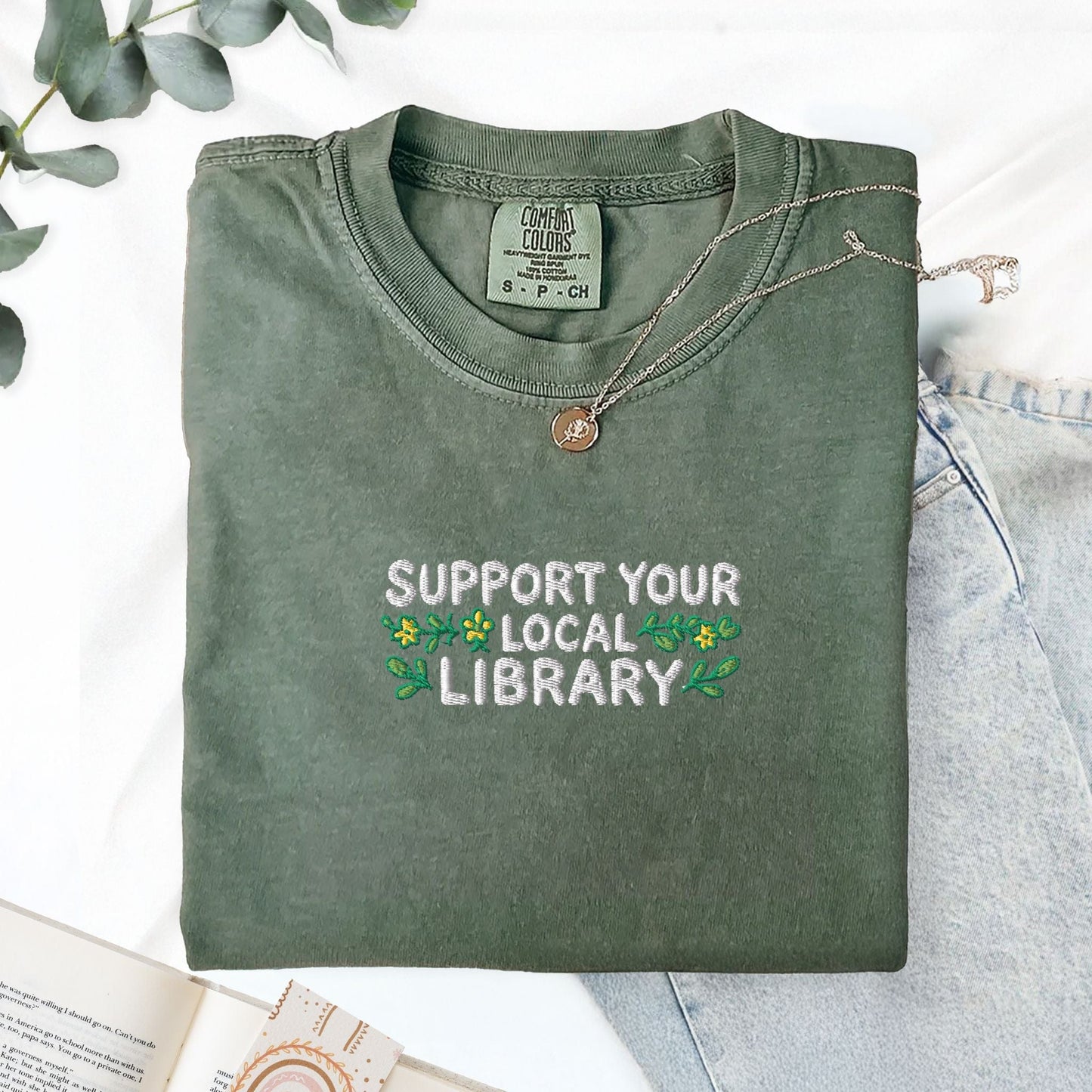 Pine Spice Books Support Your Local Library Embroidered T-Shirt Support Your Local Library Embroidered T-Shirt