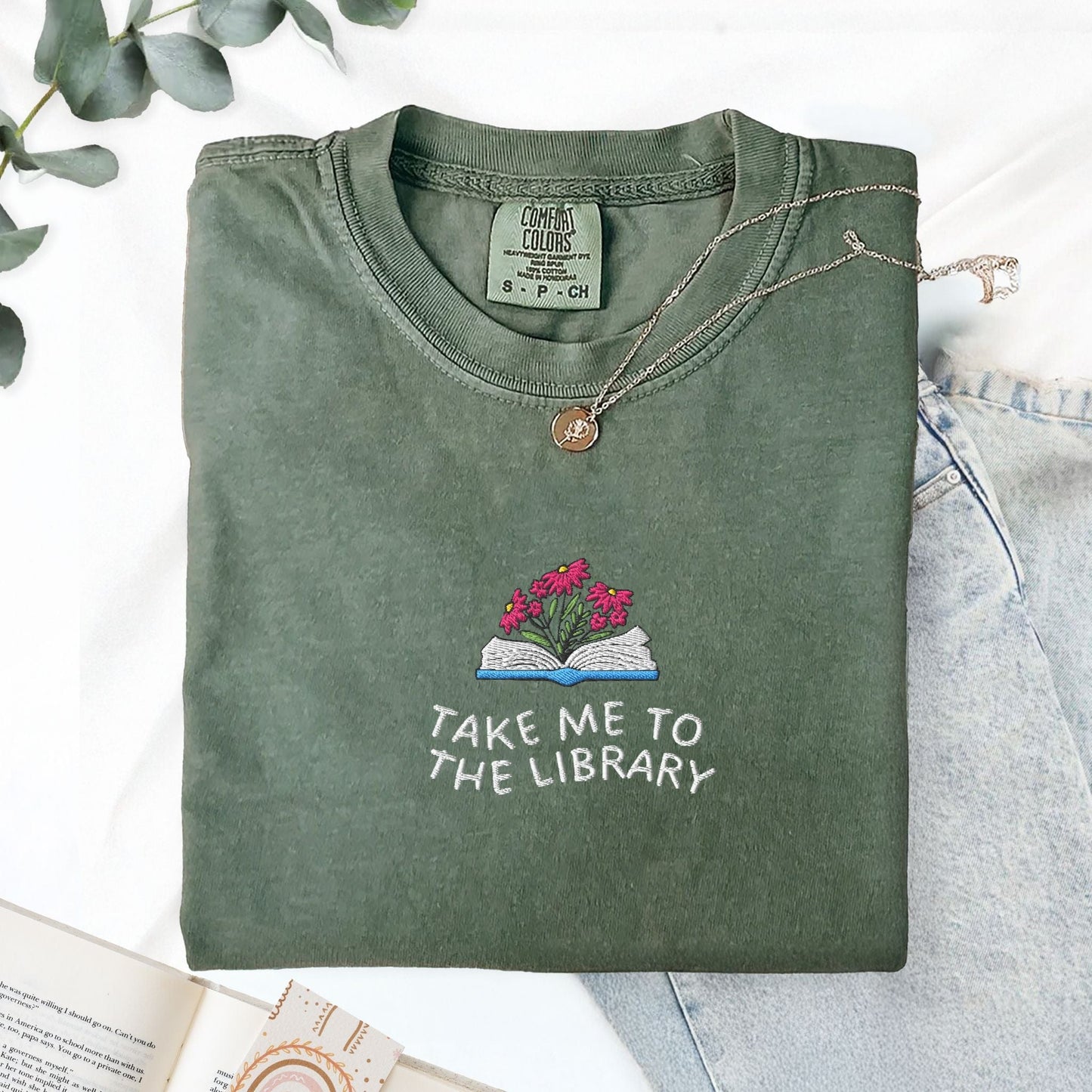 Pine Spice Books Take Me to the Library Embroidered T-Shirt Take Me to the Library Embroidered T-Shirt