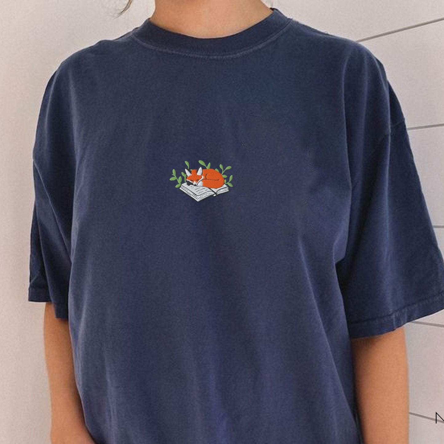 Pine Spice Books Fox Sleeping on a Book Embroidered T-Shirt Fox Sleeping on a Book Embroidered T-Shirt