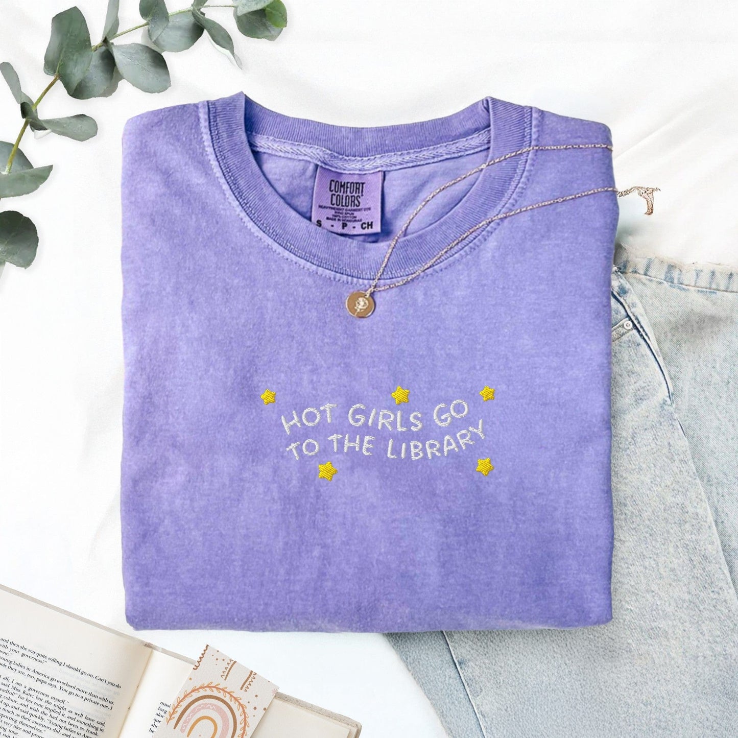 Pine Spice Books Hot Girls Go to the Library Embroidered T-Shirt Hot Girls Go to the Library Embroidered T-Shirt