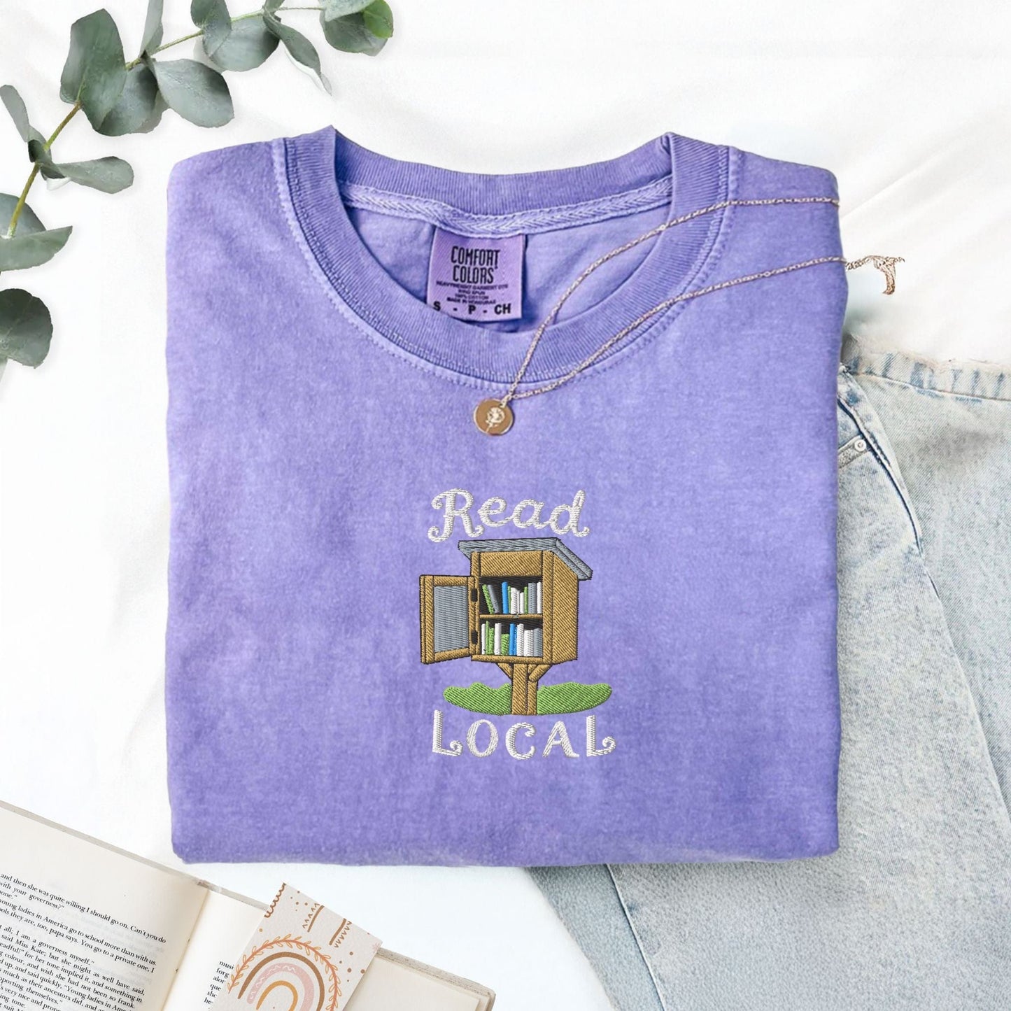 Pine Spice Books Read Local Embroidered T-Shirt Read Local Embroidered T-Shirt
