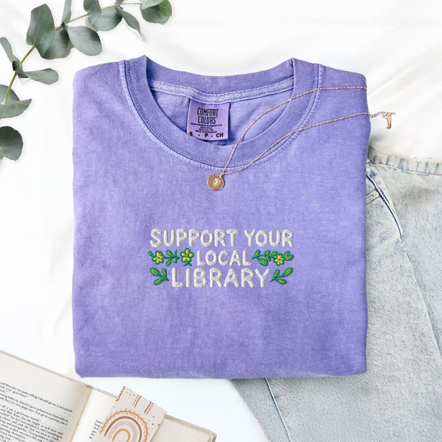 Pine Spice Books Support Your Local Library Embroidered T-Shirt Support Your Local Library Embroidered T-Shirt