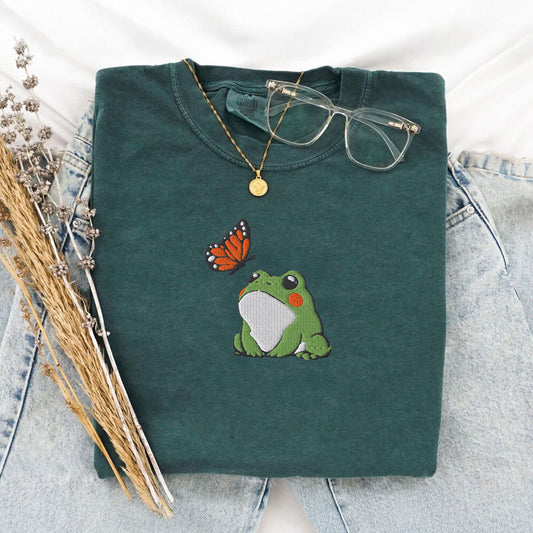 Frog and Butterfly Embroidered T-Shirt