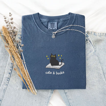 Cats and Books Embroidered Comfort Colors Shirt