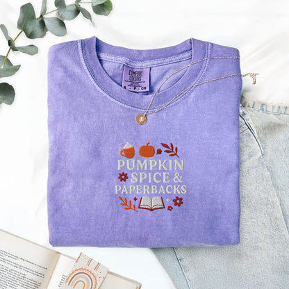 Pumpkin Spice and Paperbacks Embroidered Fall T-Shirt