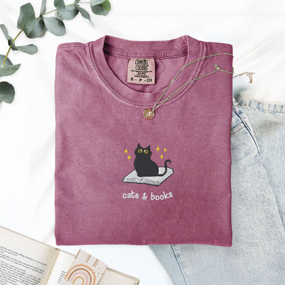 Cats and Books Embroidered Comfort Colors Shirt