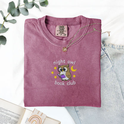 Night Owl Book Club Embroidered Comfort Colors TShirt