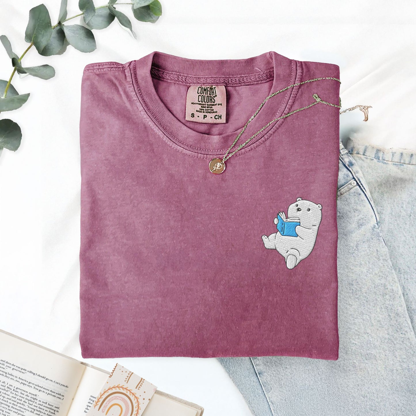 Embroidered Polar Bear Reading a Book Comfort Colors Shirt