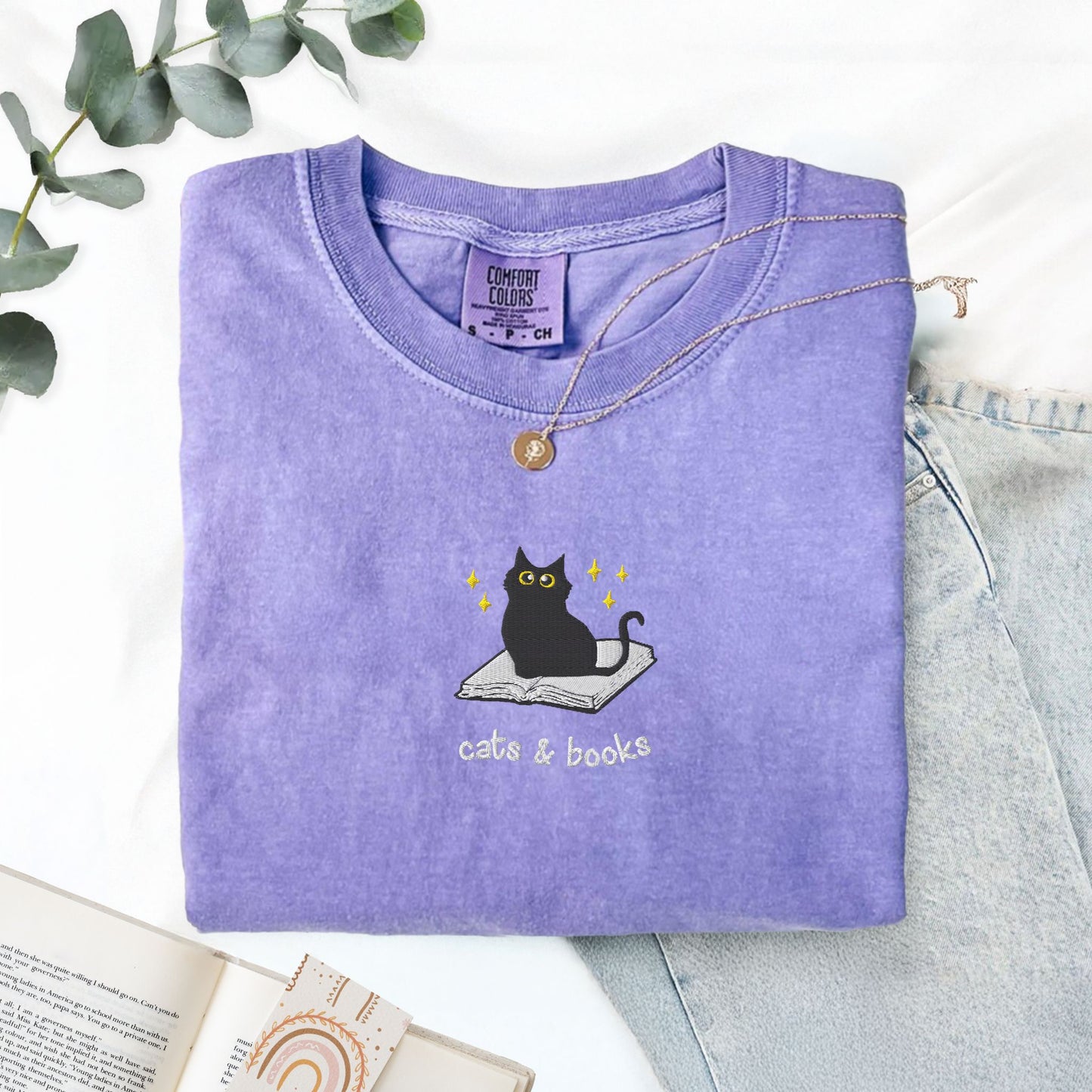 Cats and Books Embroidered Comfort Colors Shirt