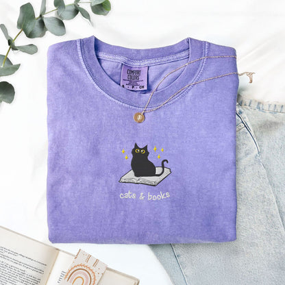 Cats and Books Embroidered Comfort Colors Shirt