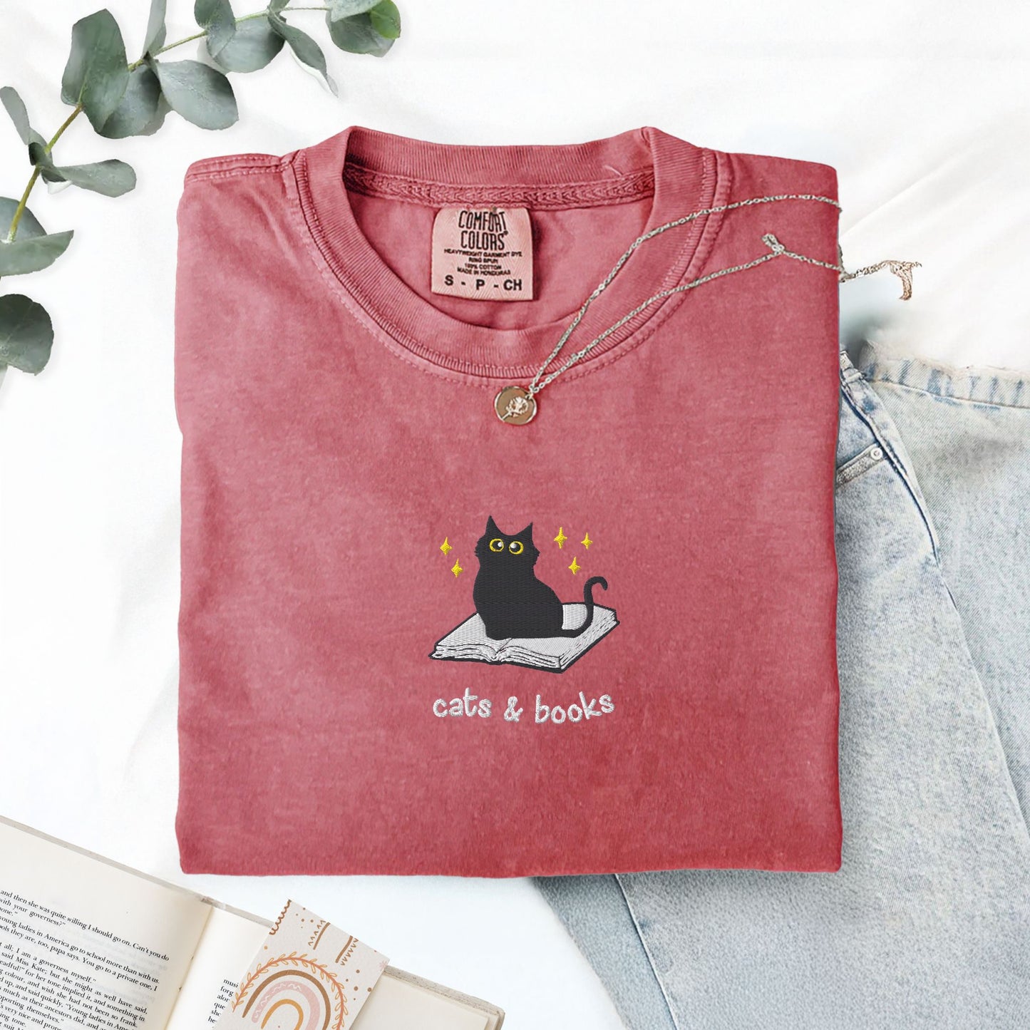 Cats and Books Embroidered Comfort Colors Shirt