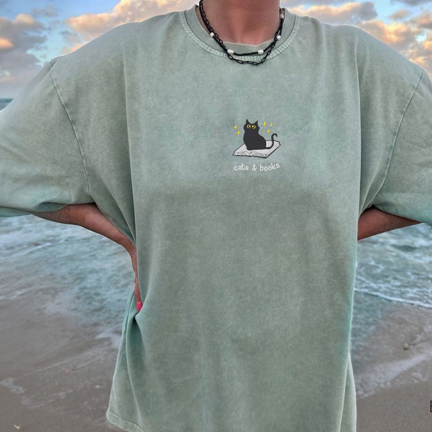 Cats and Books Embroidered Comfort Colors Shirt
