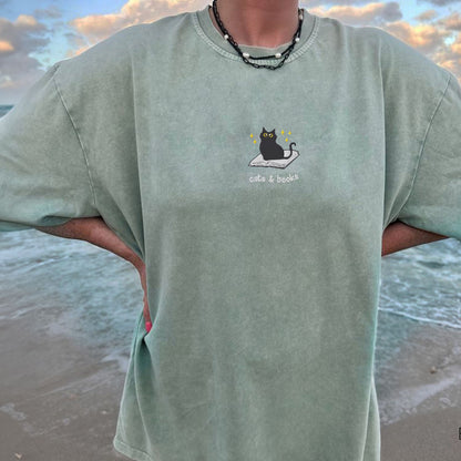 Cats and Books Embroidered Comfort Colors Shirt
