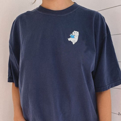 Embroidered Polar Bear Reading a Book Comfort Colors Shirt