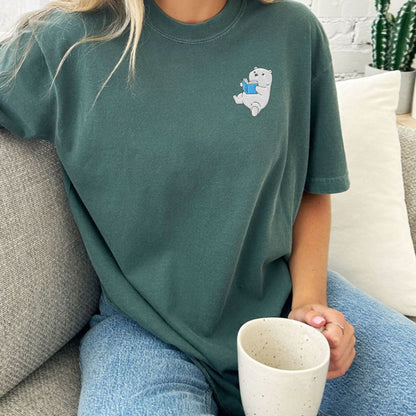 Embroidered Polar Bear Reading a Book Comfort Colors Shirt