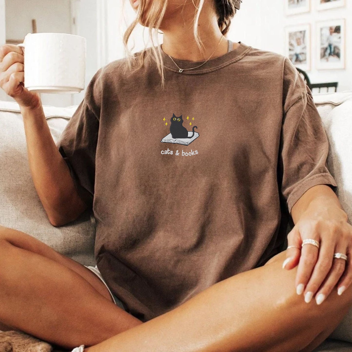 Cats and Books Embroidered Comfort Colors Shirt