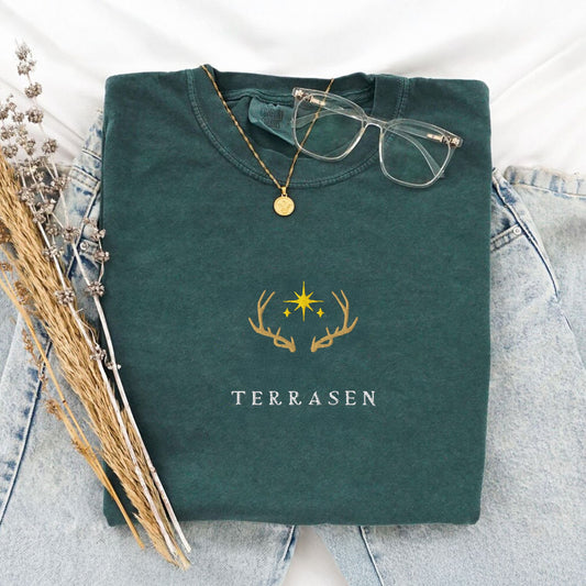 Terrasen Elyria Embroidered Comfort Colors Shirt, SJM Throne of Glass Merch