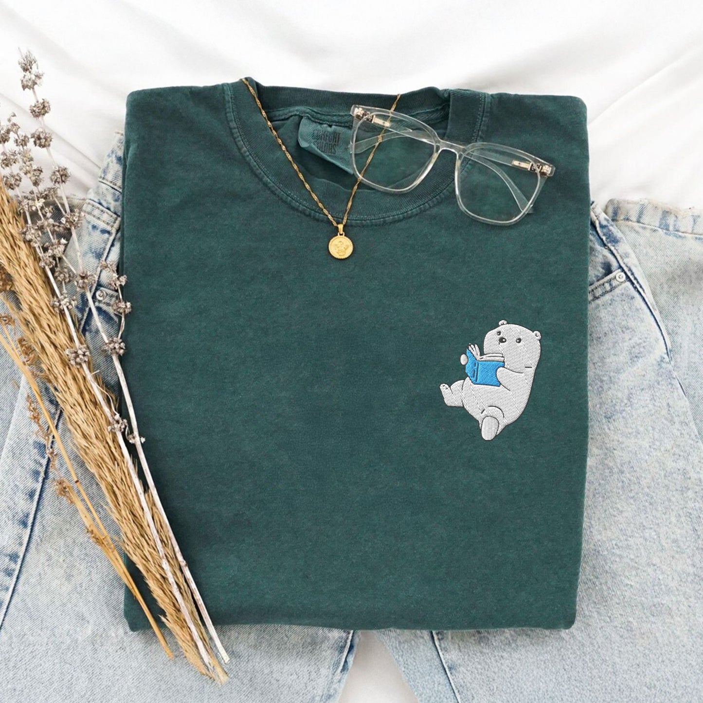 Embroidered Polar Bear Reading a Book Comfort Colors Shirt