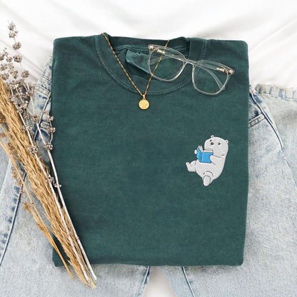 Embroidered Polar Bear Reading a Book Comfort Colors Shirt