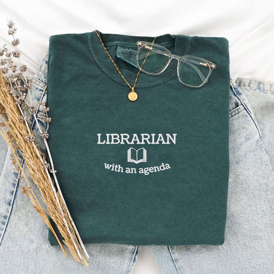 Librarian with An Agenda Embroidered T-Shirt