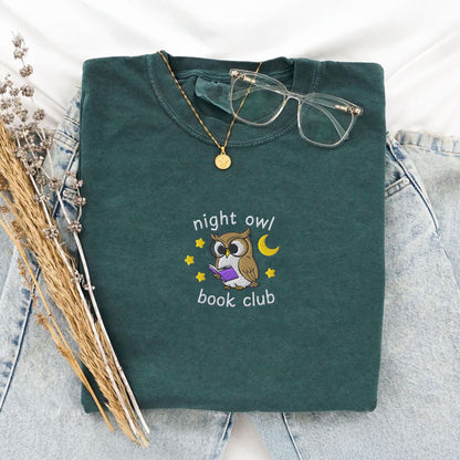 Night Owl Book Club Embroidered Comfort Colors TShirt
