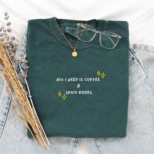 Coffee and Spicy Books Embroidered T-Shirt