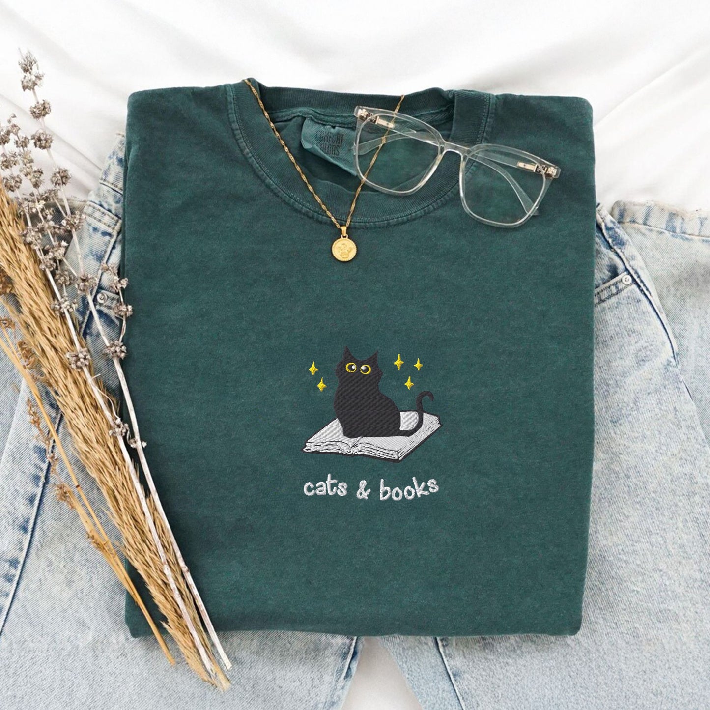 Cats and Books Embroidered Comfort Colors Shirt