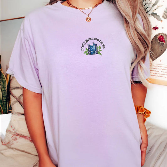 Pretty Girls Read Books Embroidered Comfort Colors Tee, Boho Hippie Books and Plants Cozy Reading Tee, Cute Vintage Gift for Book Lover