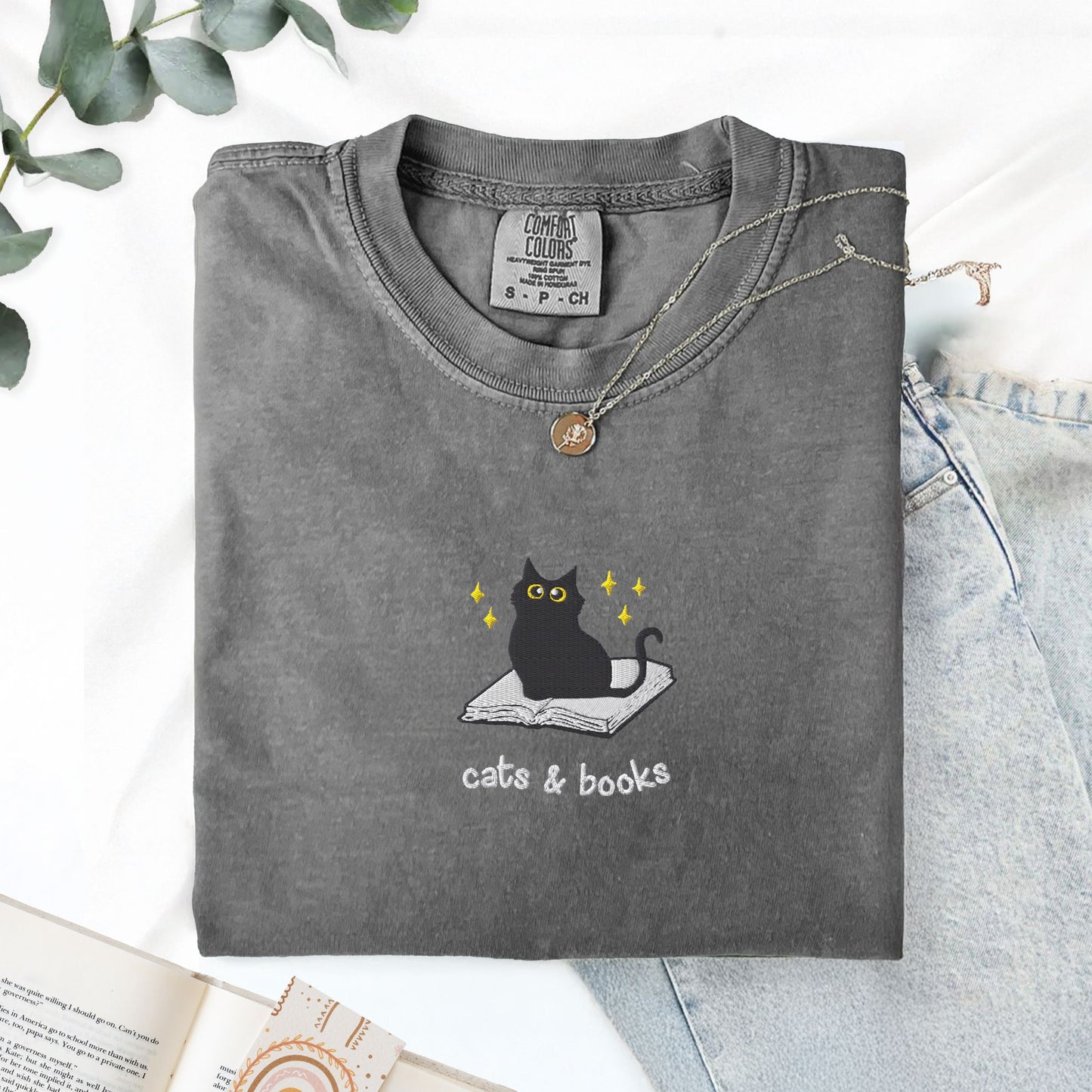 Cats and Books Embroidered Comfort Colors Shirt