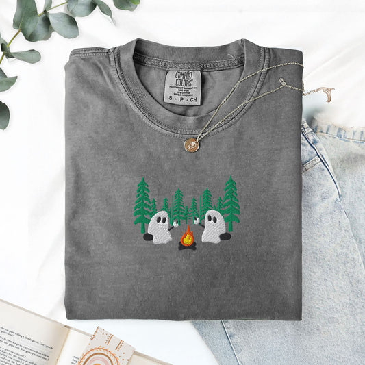 Ghost Camping in the Forest Embroidered T-Shirt