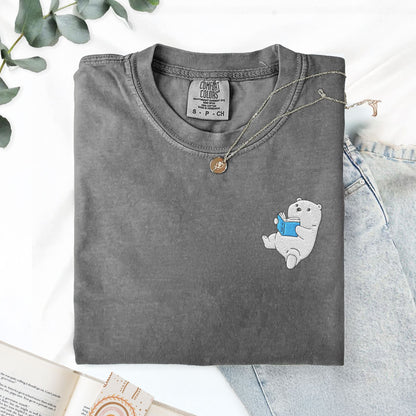 Embroidered Polar Bear Reading a Book Comfort Colors Shirt