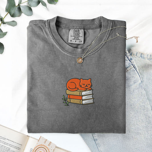 Cat Book Stack Embroidered T-Shirt