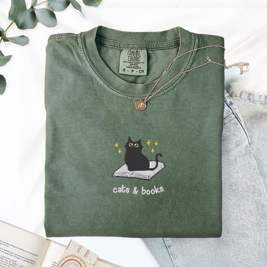 Cats and Books Embroidered Comfort Colors Shirt