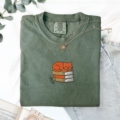 Cat Book Stack Embroidered T-Shirt