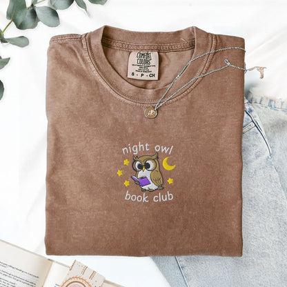 Night Owl Book Club Embroidered Comfort Colors TShirt