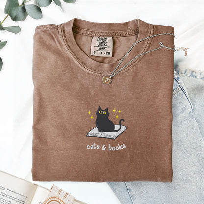 Cats and Books Embroidered Comfort Colors Shirt