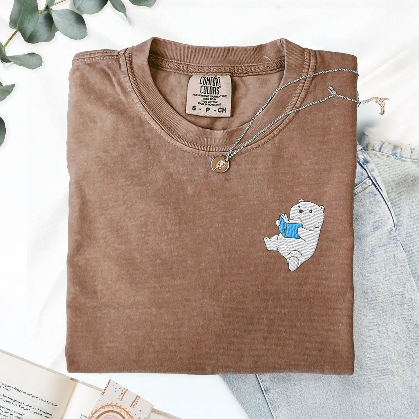 Embroidered Polar Bear Reading a Book Comfort Colors Shirt