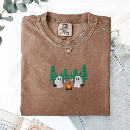 Ghost Camping in the Forest Embroidered T-Shirt